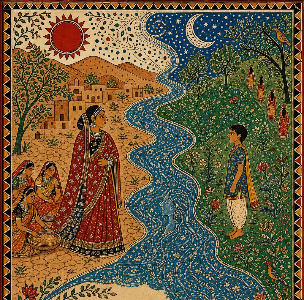 Madhubani-style painting of a village, a river and a boy on the far bank