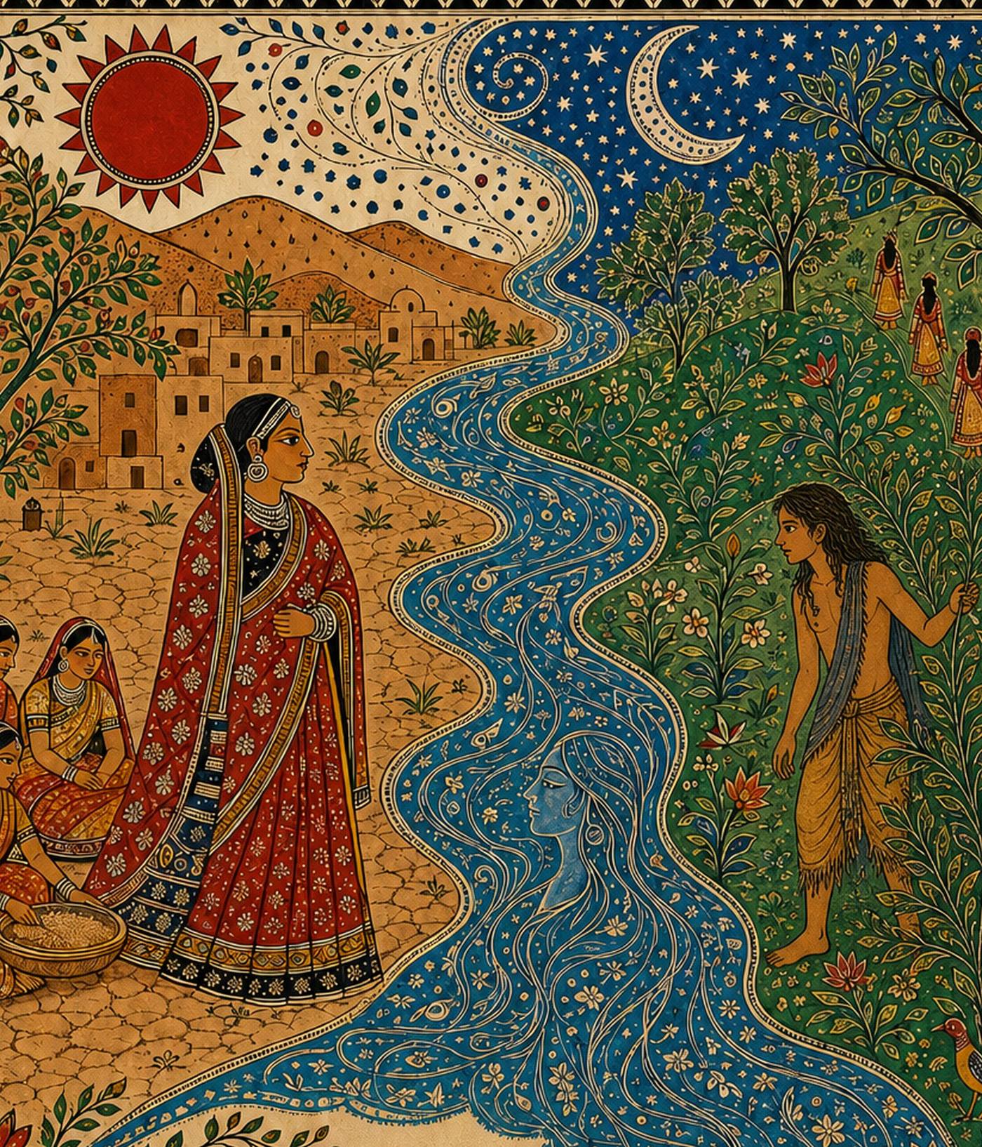 Madhubani-style painting: an all-female village on parched earth, a river running through it, and a boy standing on the green far bank.